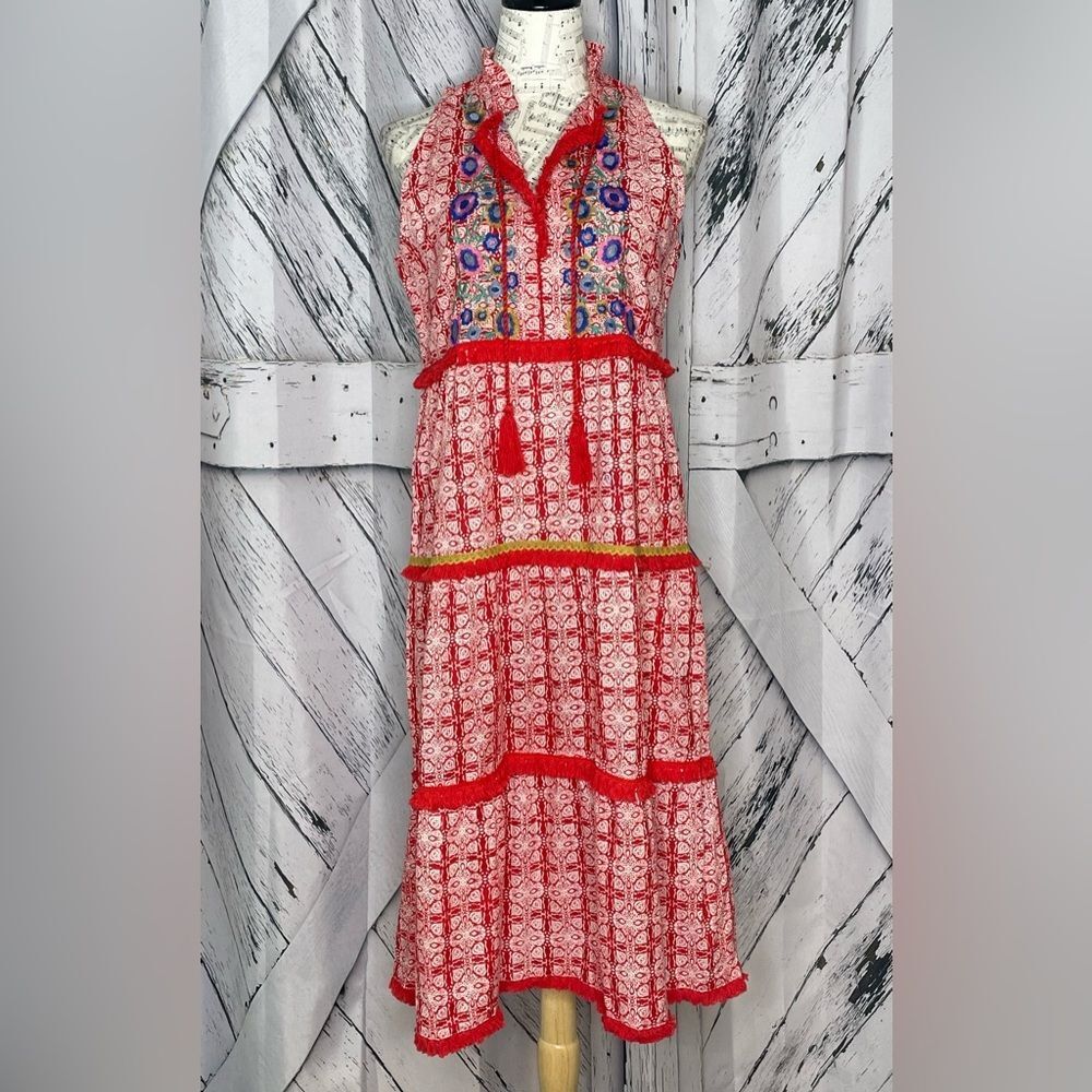 Adrift Tiered Sleeveless Dress Embroidered & Fringed Size S